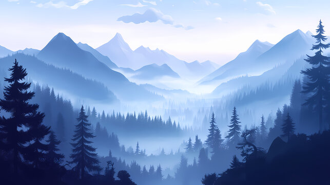 Beautiful landscape of foggy mountains, perfect for travel screensavers and nature wallpapers. Foggy Mountains. Illustration