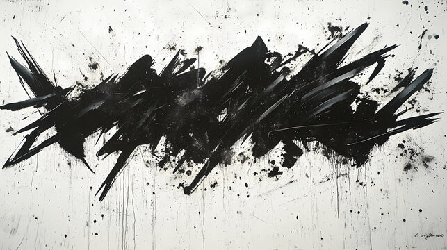 Black graffiti paint splatter creates a grunge effect on a white background, showcasing the raw energy of street art in a striking visual composition. Splatter Painting. Illustration