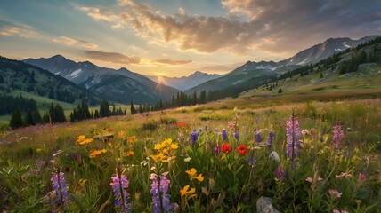 Mountain Meadow with Wildflowers: A vibrant Meadow dotted with colorful wildflowers at the foot of majestic mountains, with soft sunlight illuminating the scene