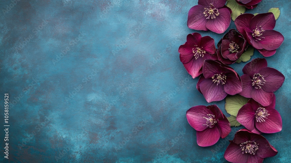 Poster dark purple flowers are elegantly arranged on a textured teal background, creating a vibrant visual 