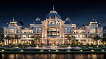 A grand, luxurious mansion with a sprawling facade and intricate details, illuminated by the warm glow of lights, stands majestically against a night sky.