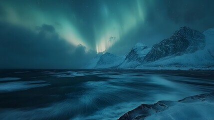 Naklejka premium Aurora Borealis, Lofoten islands, Norway. Nothen light, mountains and frozen ocean. Winter landscape at the night time. 