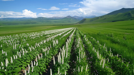 Fototapeta premium vibrant field of native wildflowers alongside lush green crops, set against backdrop of rolling hills and clear blue sky. scene evokes sense of tranquility and natural beauty