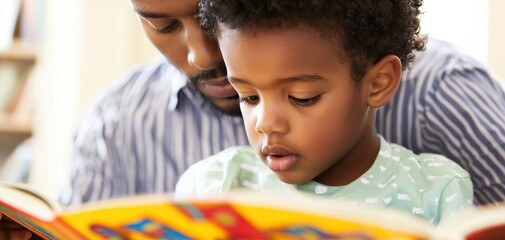 Father reading a book with child, close-up, warm atmosphere, family time.