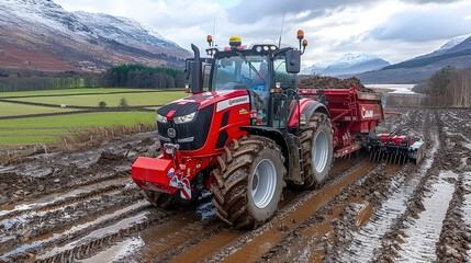 Obraz premium red tractor working in muddy field, showcasing agricultural activity in scenic landscape with mountains in background. tractor is equipped for heavy duty tasks, emphasizing connection between