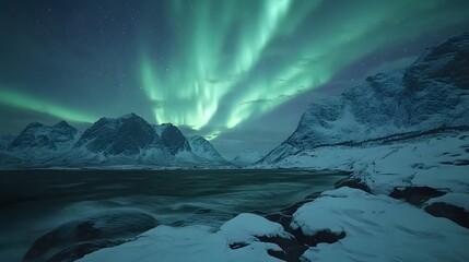 Naklejka premium Aurora Borealis, Lofoten islands, Norway. Nothen light, mountains and frozen ocean. Winter landscape at the night time. 