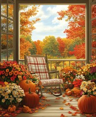 Porch adorned with fall foliage, featuring rustic rocking chair, creating cozy autumnal scene.