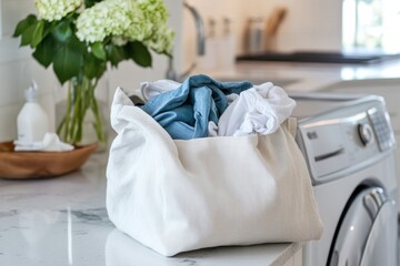 A cloth laundry bag filled with clean, freshly folded clothes, resting on a laundry room countertop