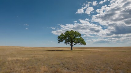 Obraz premium Wind-Swept Prairie with Lone Tree: A vast, open prairie with a single tree standing against a soft, clear blue sky