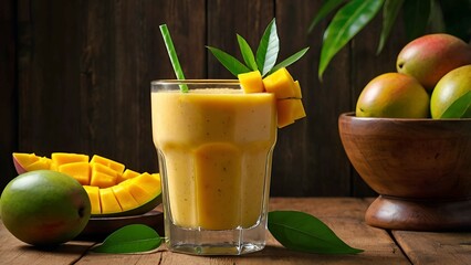 Fototapeta premium Refreshing Mango Smoothie with Fresh Mango Cubes