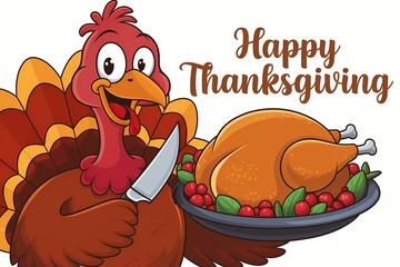 Happy Thanksgiving Cartoon: Cheerful Turkey Holding a Roasted Turkey with Copy Space
