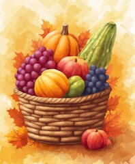 Basket filled with fresh fruit and vegetables on yellow background, showcasing healthy, colorful produce.