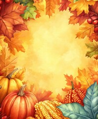 Autumn scene featuring pumpkins, colorful leaves, and warm tones, evoking cozy seasonal atmosphere.