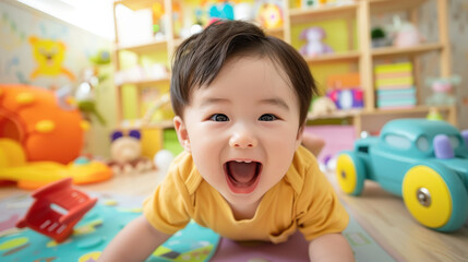 Obraz premium joyful baby with short hair is crawling on colorful play mat in vibrant playroom filled with toys and cheerful decor. childs bright smile radiates happiness and curiosity