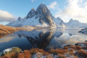 Fototapeta premium Majestic mountain landscape with towering peaks reflected in a still alpine lake capturing the grandeur and tranquility of a remote wilderness scene