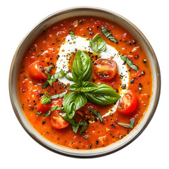 A bowl of comforting tomato soup with a sprinkle of basil and a swirl of cream. Isolated on White Background