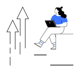 Woman working on a laptop while sitting on the edge, with three upward arrows. Ideal for themes of business growth, digital marketing, career development, technology, innovation, progress, startup