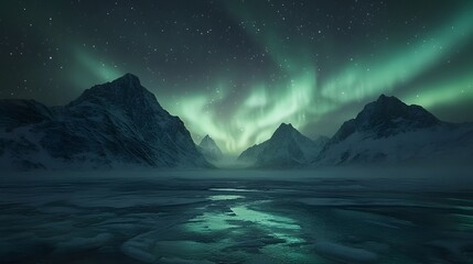 Naklejka premium Aurora Borealis, Lofoten islands, Norway. Nothen light, mountains and frozen ocean. Winter landscape at the night time. 