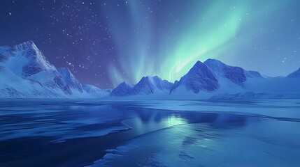 Naklejka premium Aurora Borealis, Lofoten islands, Norway. Nothen light, mountains and frozen ocean. Winter landscape at the night time. 