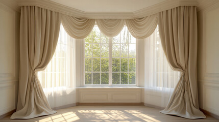 Elegant bay window with classic drapery, showcasing natural light and greenery outside, creating serene atmosphere