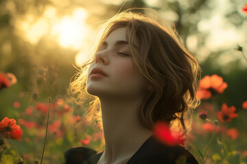 Naklejka premium A serene portrait of a young woman enjoying the warm glow of a sunset among blooming wildflowers