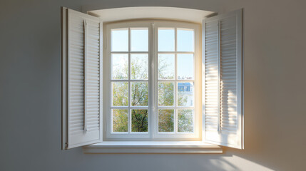French casement window with open shutters, showcasing bright view of trees outside. natural light enhances serene atmosphere of room © Lerson