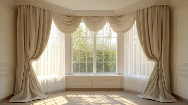Elegant bay window with classic drapery, showcasing natural light and greenery outside, creating serene atmosphere
