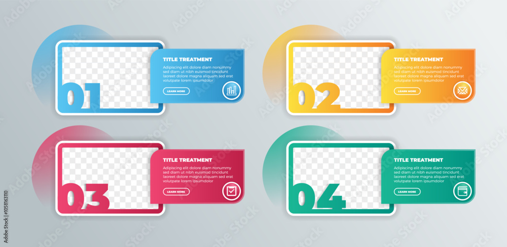 Sticker vector simple multipurpose infographic template with rectangle photo placeholders, icons and text. b