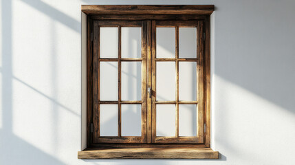 Fototapeta premium mid century modern wooden window with slim design, featuring multiple panes and natural finish, casting soft shadows on light wall
