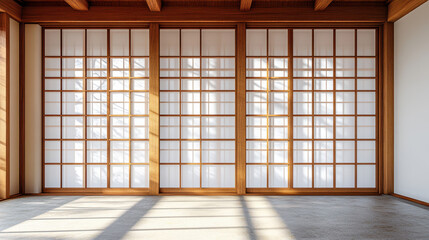 Naklejka premium traditional Japanese shoji window design featuring wooden frames and translucent panels, creating serene atmosphere with natural light