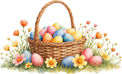 Easter Basket with Colorful Eggs and Flowers Watercolor illustration