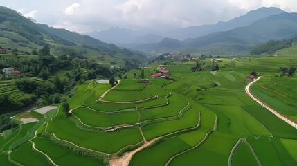 Lush green rice terraces create stunning landscape in mountainous region, showcasing beauty of agriculture and nature. vibrant fields stretch across hills, reflecting harmony with environment