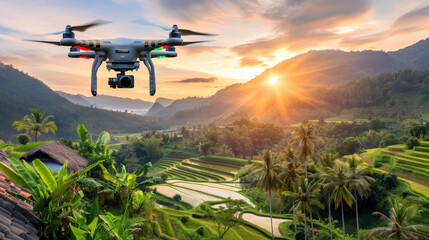 Fototapeta premium drone captures stunning aerial views of lush rice fields during vibrant sunset, showcasing beauty of nature and technology in harmony