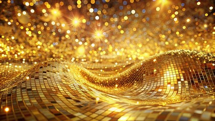 A shimmering golden mosaic forms a wave, illuminated by a celestial burst of light, casting a magical glow.