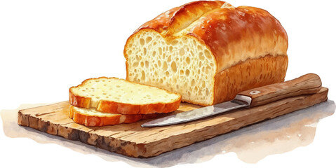 Fresh Bread Loaf with Butter on Wooden Board Watercolor illustration