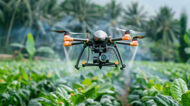 drone flying over lush green field, spraying crops with precision in modern agriculture. scene captures essence of technology enhancing farming practices