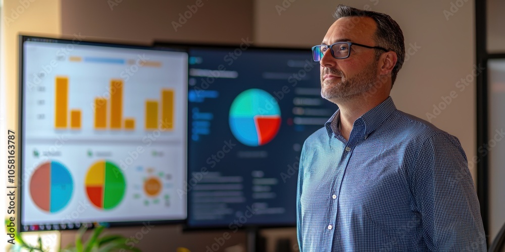 Poster operations director analyzing workflow metrics and overseeing team performance in a modern business 
