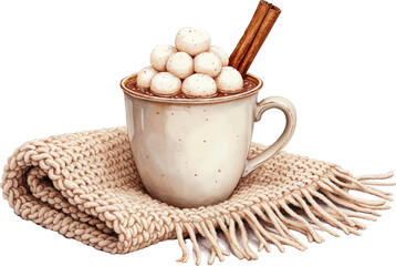 Watercolor illustration of hot chocolate with marshmallows on a cozy blanket