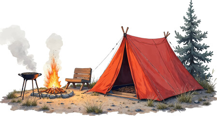 Watercolor Cozy Campsite with Tent and Campfire