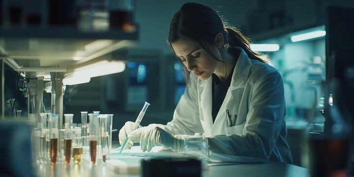 Pharmaceutical Researcher Conducting Clinical Trials and Analyzing Data in a Laboratory Setting to Advance Medical Knowledge