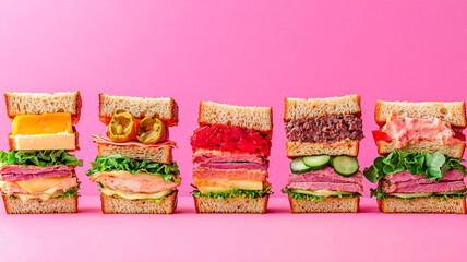 Colorful stacked sandwiches with various fillings on bright pink background in a playful arrangement