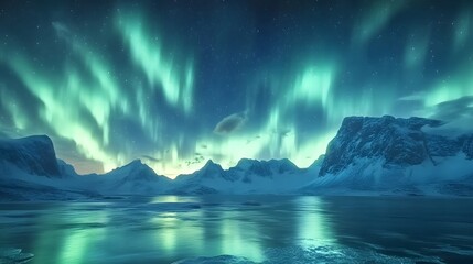 Fototapeta premium Aurora Borealis, Lofoten islands, Norway. Nothen light, mountains and frozen ocean. Winter landscape at the night time. 