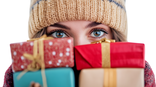 Young Woman In Winter Clothes Peeking From Behind Presents Close-up isolated on white background