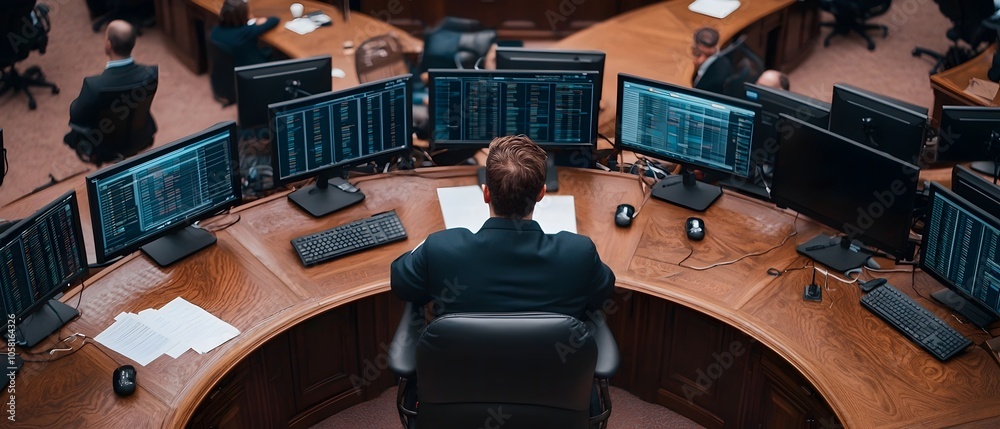 Poster Dynamic Market Trading Floor with Diverse Traders Closely Monitoring Large Financial Data Screens and Graphs for Investment Strategies and Business Analytics