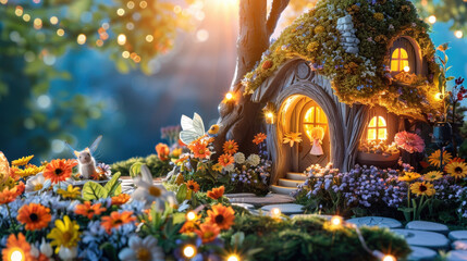 Fototapeta premium whimsical fairy house nestled in childs room, adorned with vibrant flowers and soft lighting, creates magical atmosphere filled with joy and wonder