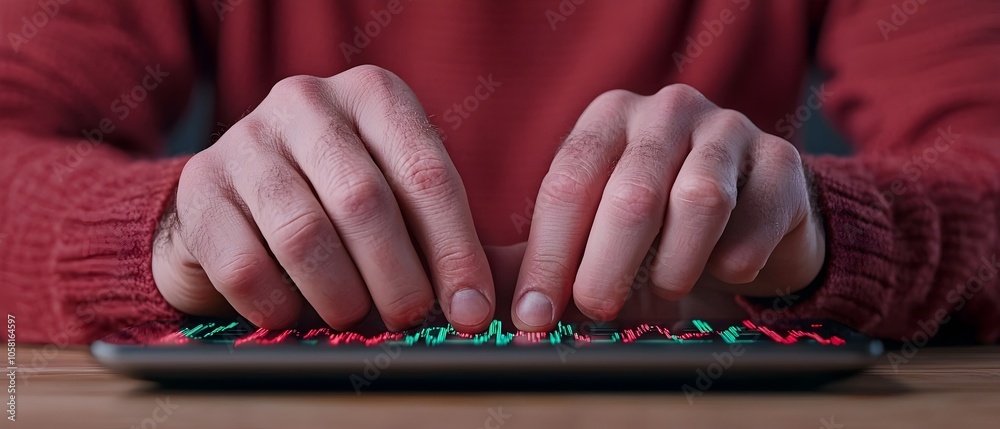 Aufkleber Close up view of human hands adjusting settings and on a financial analysis software interface displaying market data and analytics