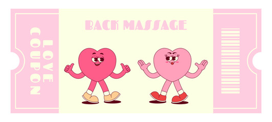 Love coupon with cute hearts characters in retro groovy style. Back massage. Valentines day, February 14 and other love holiday. Horizontal vector illustration
