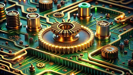 A Close-up of a Gold Gear System Embedded in a Green Circuit Board, Revealing the Intricate Design of Modern Technology