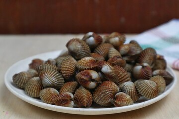 Sweet seafood blood clams served on a plate top view