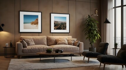 A cozy living room with a brown leather sofa, a coffee table, and two framed landscape photos on a dark brown wall. The room has a warm and inviting 